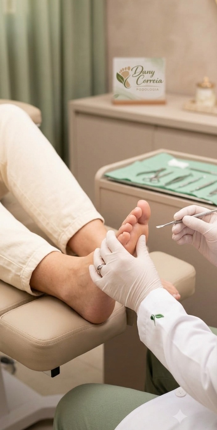 Atendimento podológico realizado com luvas e instrumentos esterilizados no consultório