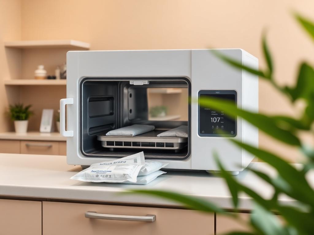 Autoclave com embalagens de esterilização no consultório